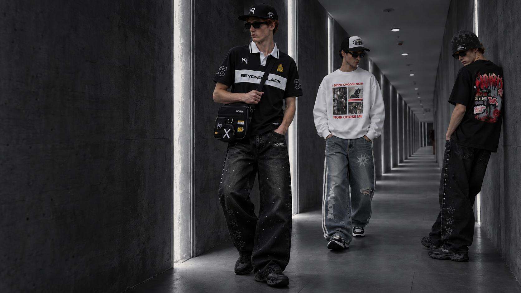 Three models wearing NOIRIX streetwear in an industrial setting