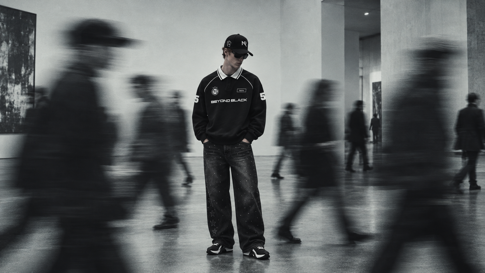 Model wearing a black NOIRIX rugby sweatshirt and black jeans